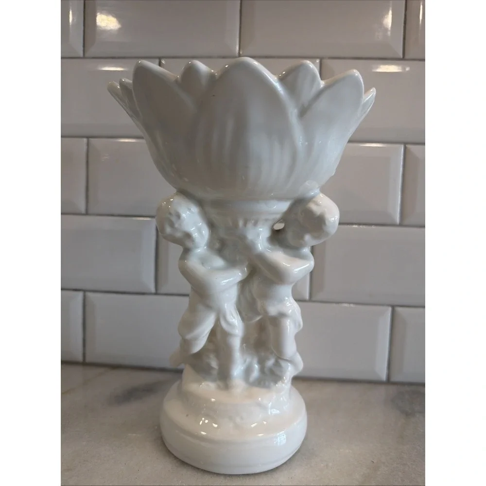 Vintage Ceramic Pearl White Glaze Cherub Pedestal Planter /dish/trinkets OLA001